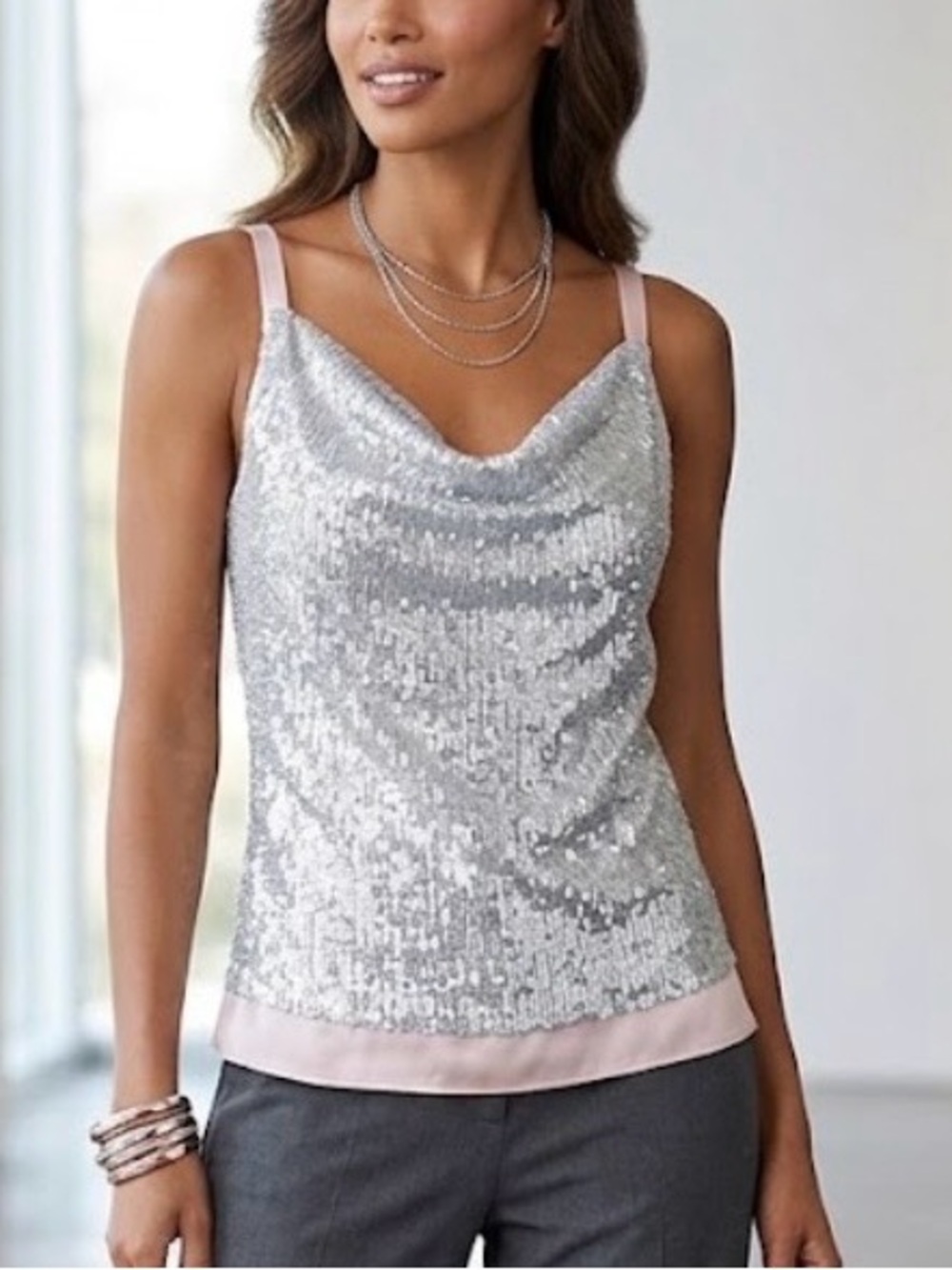 WHBM Silver Sequin Cowl Neck layered Cami Tank Top – Size S